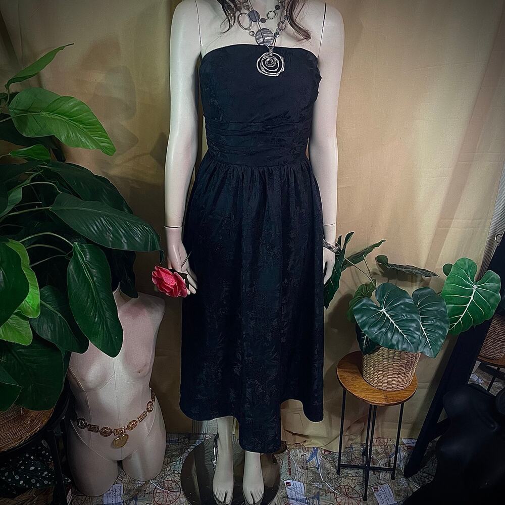 Vintage Black Jacquard Strapless Midi Dress Goth Formal Fairycore Wedding dress